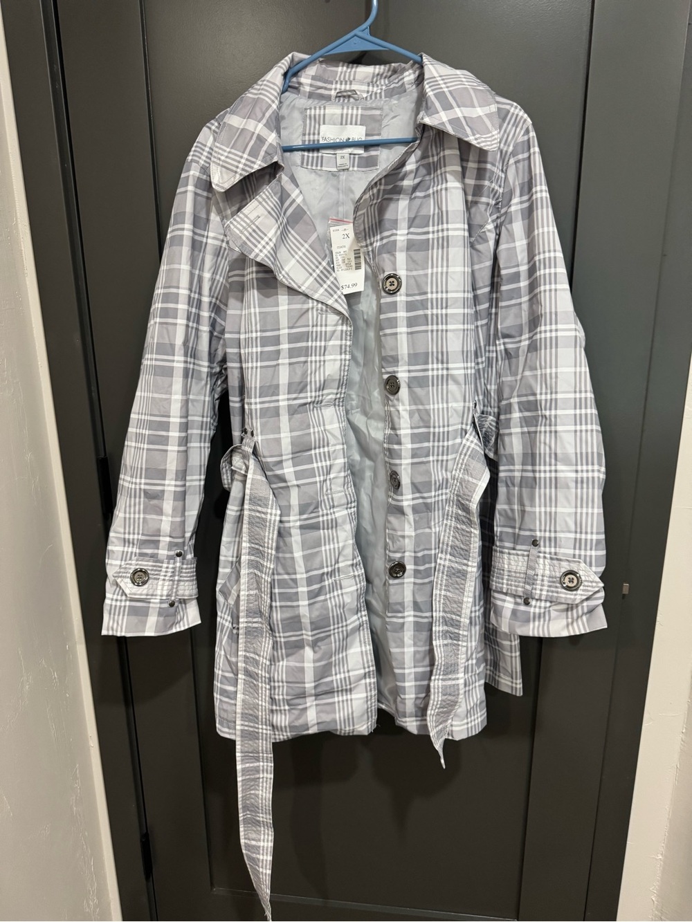 Fashion Bug Gray Plaid Button-Front Raincoat with Waist Tie